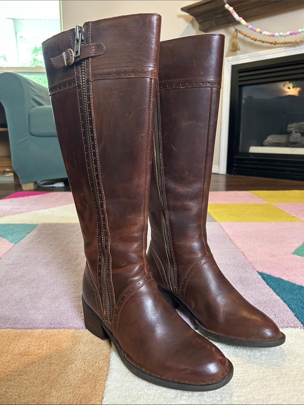 Born Poly Classic Brown Leather Knee-High Women's Riding Boots Double Zip Size 6 - Picture 4 of 17
